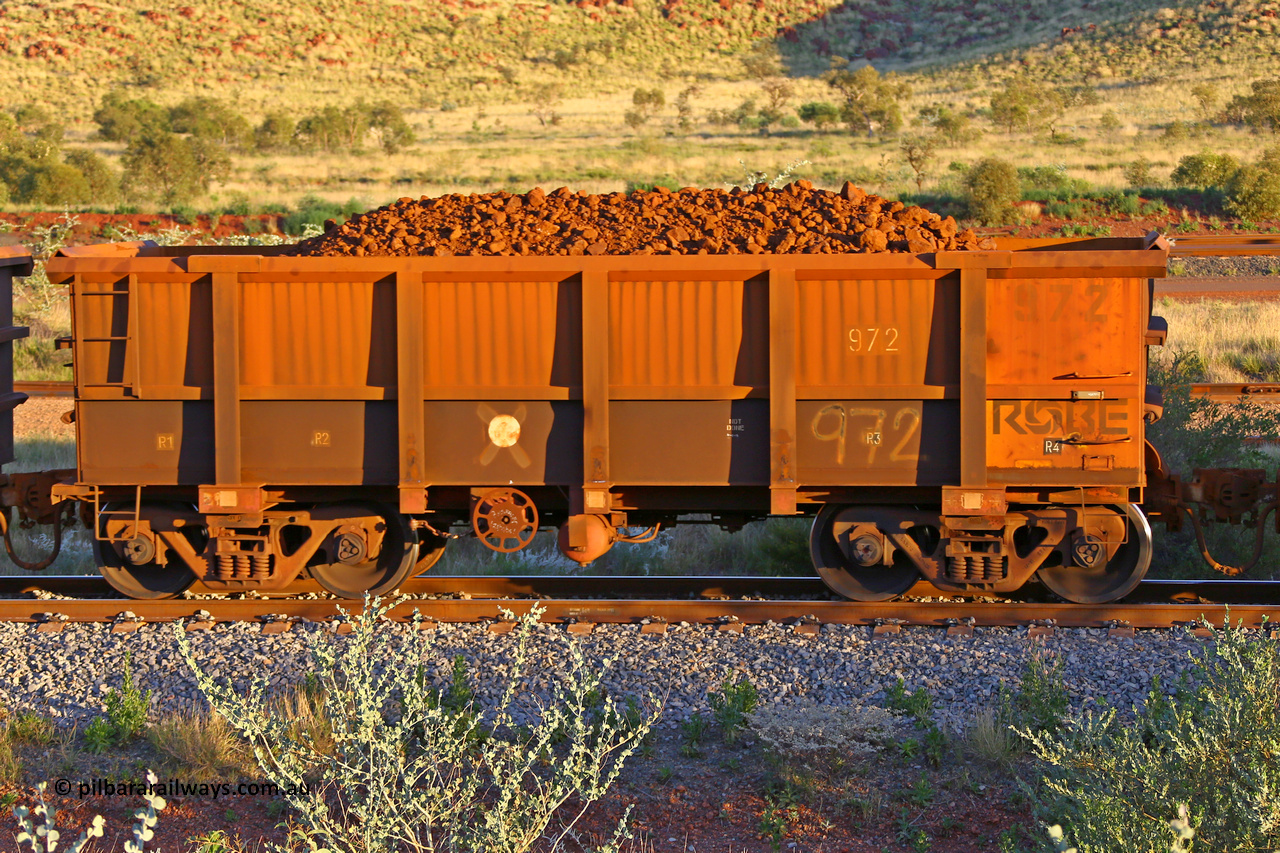 0972 170513 8749
Robe River ore waggon 972, built by Centurion Industries WA, rotary coupler end handbrake side loaded view, Cape Lambert yard, May 13, 2017.
Keywords: 972;Centurion-Industries-WA;Robe-ore-waggon;