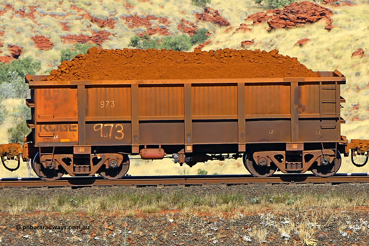 0973 170728 09909
Robe River ore waggon 973, built by Centurion Industries WA, non-handbrake side loaded view at the 72 km, Western Creek on the Deepdale line. July 28, 2017.
Keywords: 973;Centurion-Industries-WA;Robe-ore-waggon;
