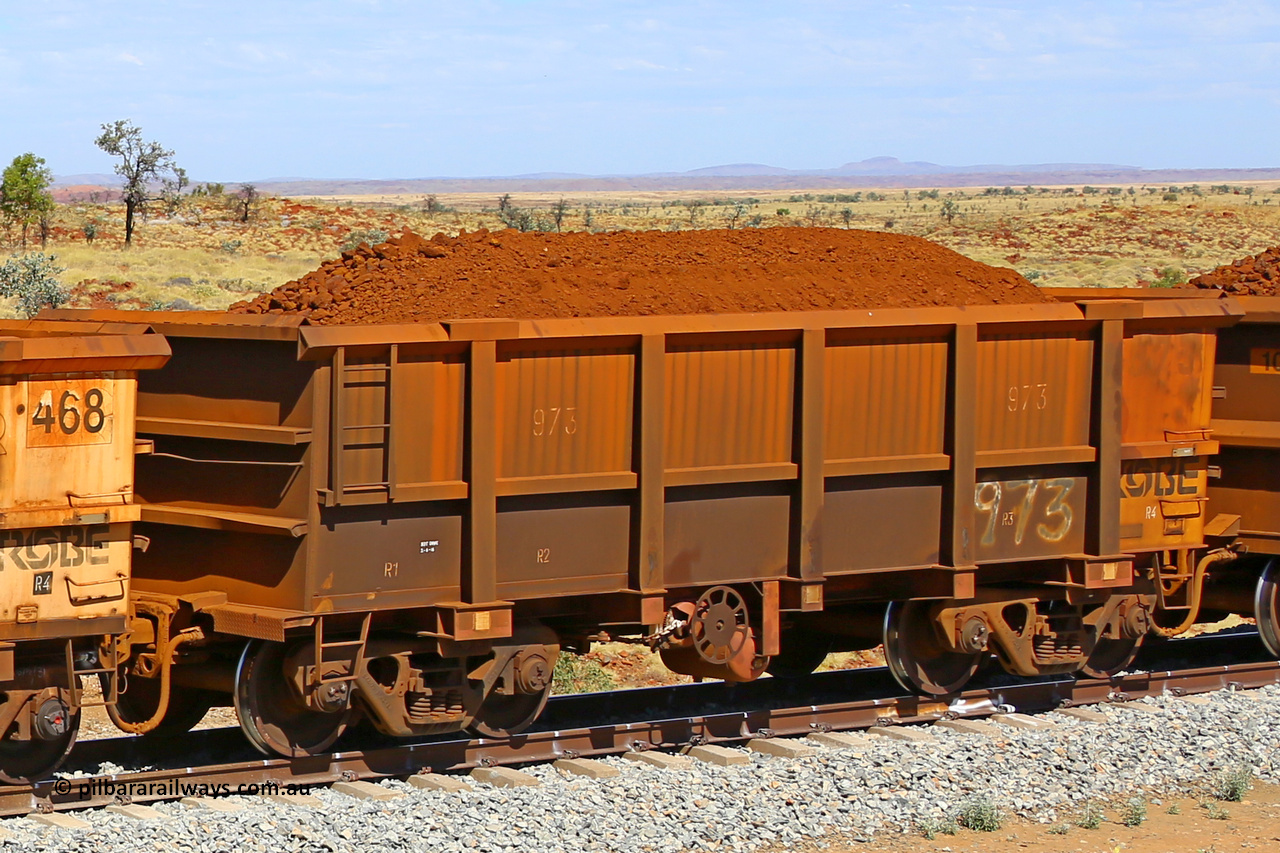 0973 170729 0270
Robe River ore waggon 973, built by Centurion Industries WA, fixed coupler handbrake side loaded view at the 103 km, between Maitland Siding and the Fortescue River on the Deepdale line. July 29, 2017.
Keywords: 973;Centurion-Industries-WA;Robe-ore-waggon;