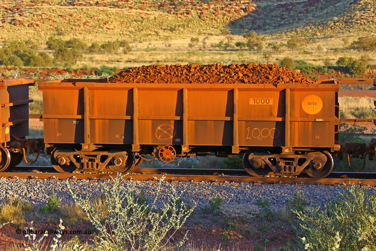 1000 170513 8711
Robe River ore waggon 1000, class leader built by Bradken Rail Qld in December 2005, rotary coupler end handbrake side loaded view, Cape Lambert yard, May 13, 2017.
Keywords: 1000;Bradken-Rail-Qld;Robe-ore-waggon;