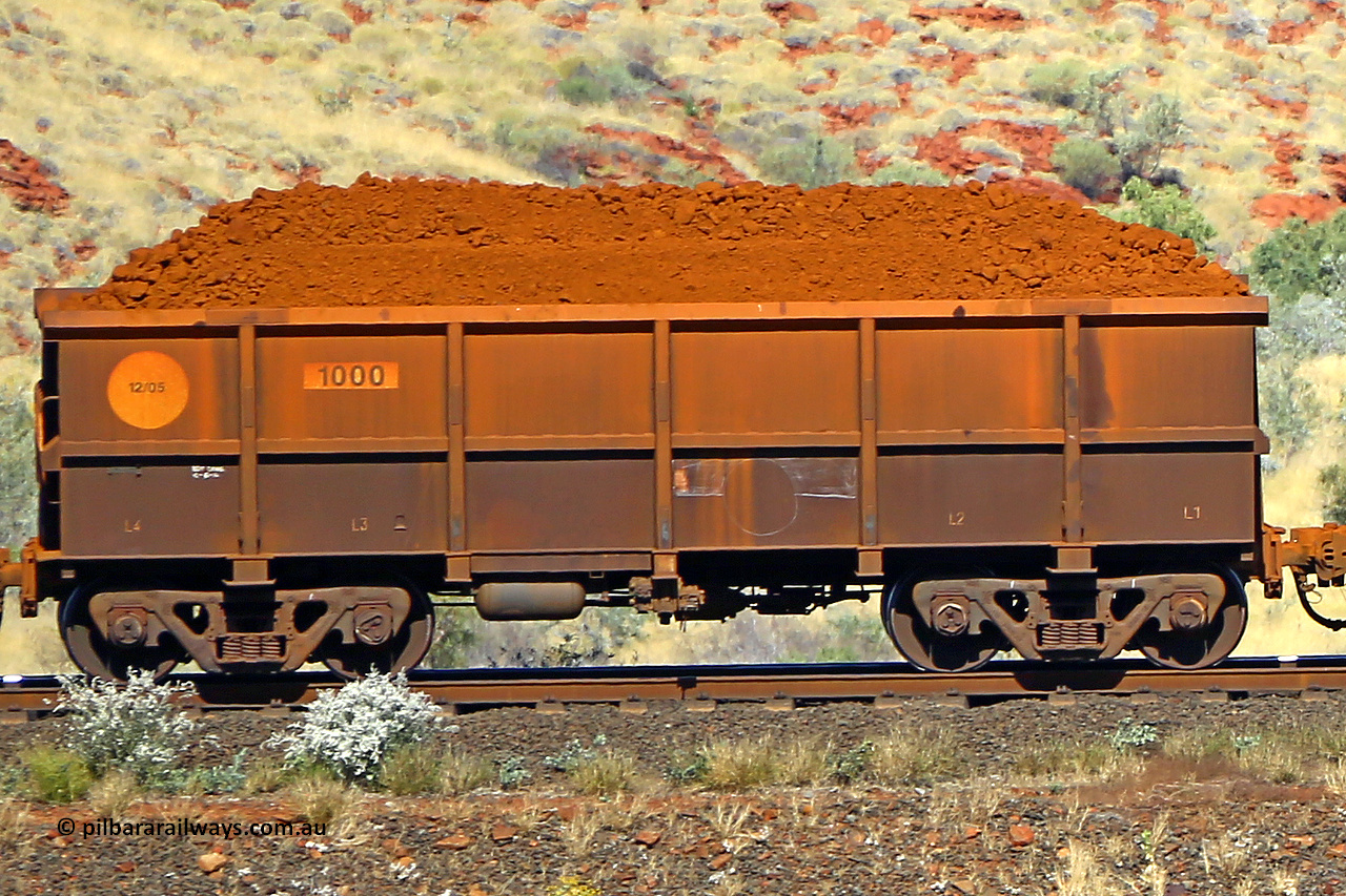 1000 170728 09909
Robe River ore waggon 1000, class leader built by Bradken Rail Qld in December 2005, non-handbrake side loaded view at the 72 km, Western Creek on the Deepdale line. July 28, 2017.
Keywords: 1000;Bradken-Rail-Qld;Robe-ore-waggon;