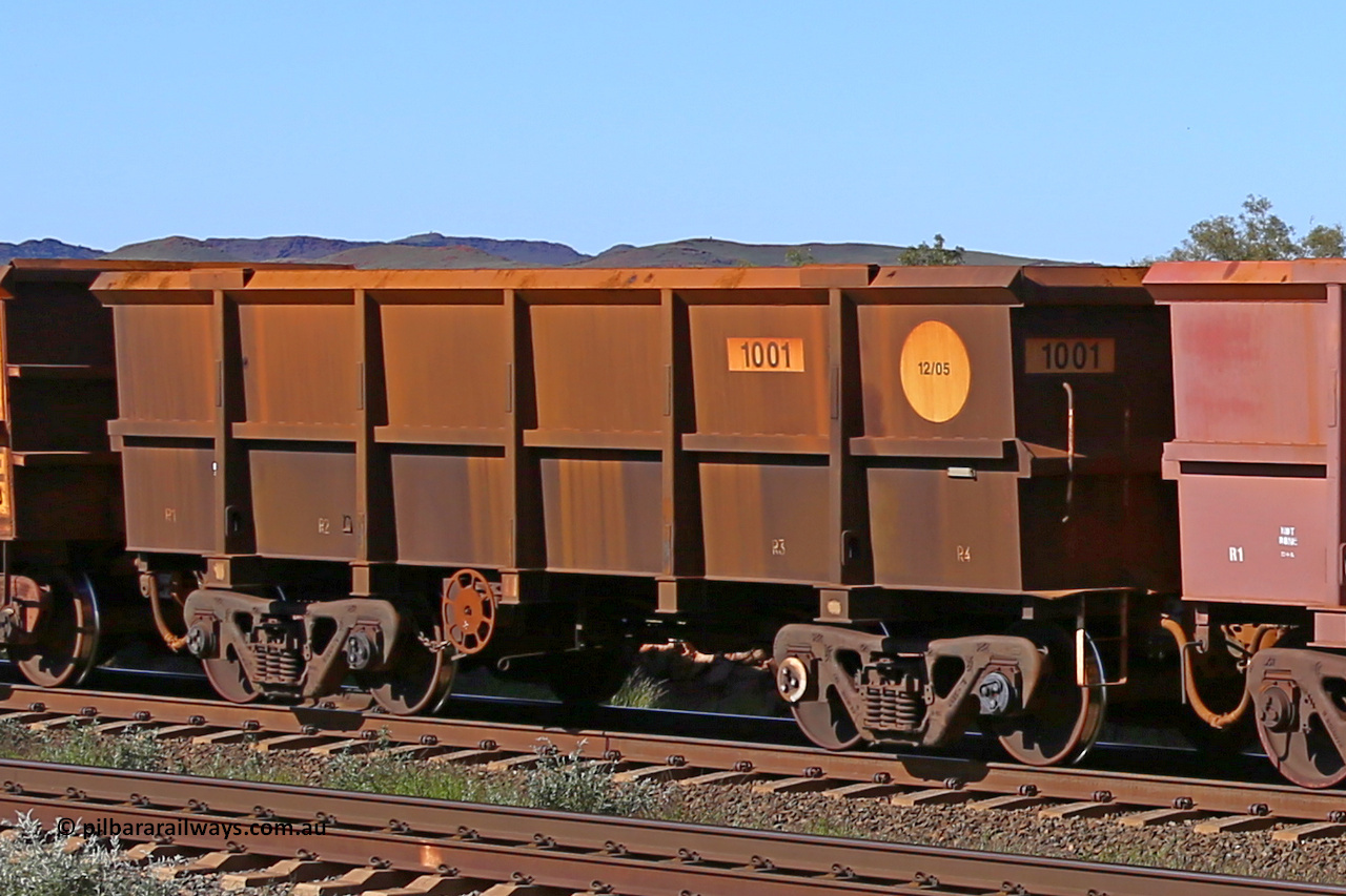 1001 160727 0979
Robe River ore waggon 1001, built by Bradken Rail Qld in December 2005, rotary coupler end handbrake side empty view at Harding Siding on the Cape Lambert line, July 27, 2016.
Keywords: 1001;Bradken-Rail-Qld;Robe-ore-waggon;