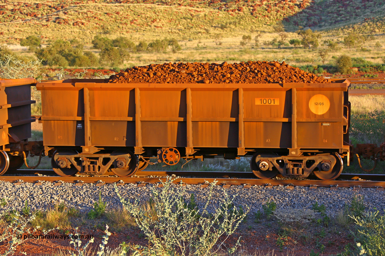 1001 170513 8707
Robe River ore waggon 1001, built by Bradken Rail Qld in December 2005, rotary coupler end handbrake side loaded view, Cape Lambert yard, May 13, 2017.
Keywords: 1001;Bradken-Rail-Qld;Robe-ore-waggon;
