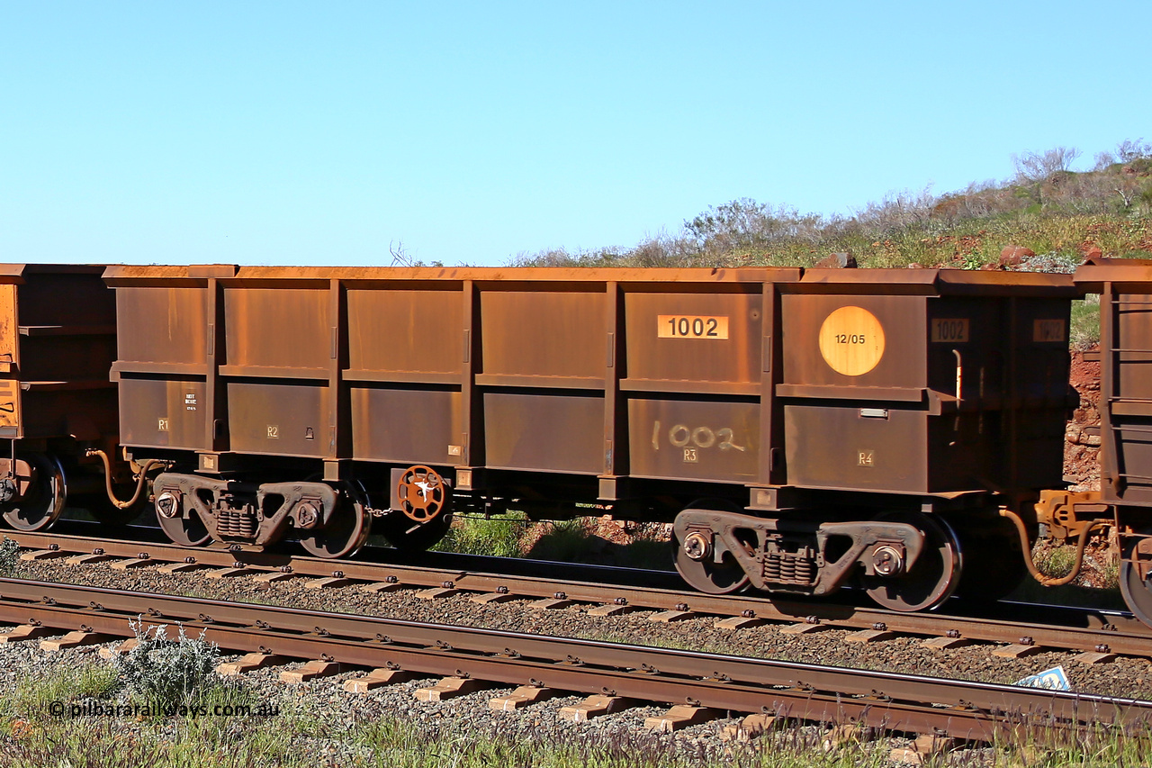 1002 160727 0952
Robe River ore waggon 1002, built by Bradken Rail Qld in December 2005, rotary coupler end handbrake side empty view at Harding Siding on the Cape Lambert line, July 27, 2016.
Keywords: 1002;Bradken-Rail-Qld;Robe-ore-waggon;