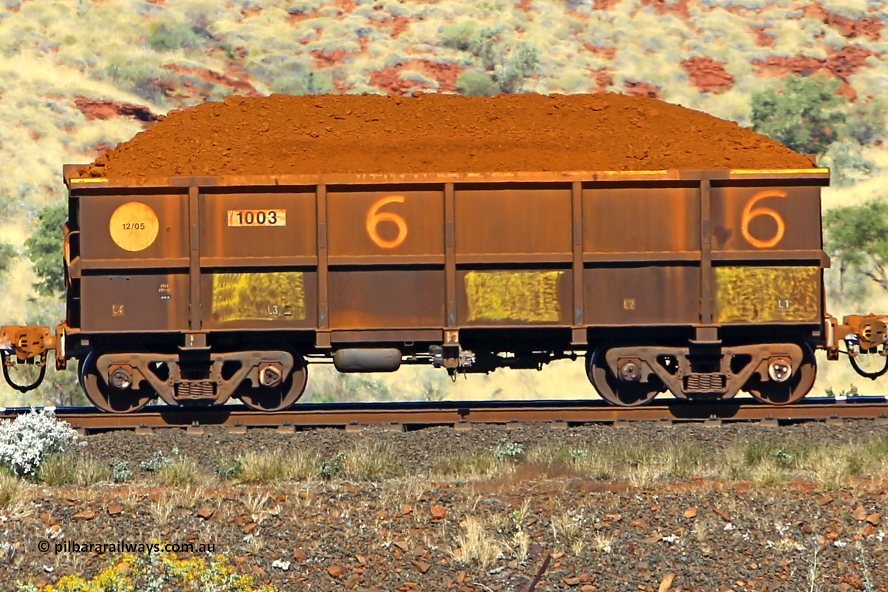 1003 170728 09925
Robe River ore waggon 1003, built by Bradken Rail Qld in December 2005, non-handbrake side loaded view at the 72 km, Western Creek on the Deepdale line. July 28, 2017.
Keywords: 1003;Bradken-Rail-Qld;Robe-ore-waggon;
