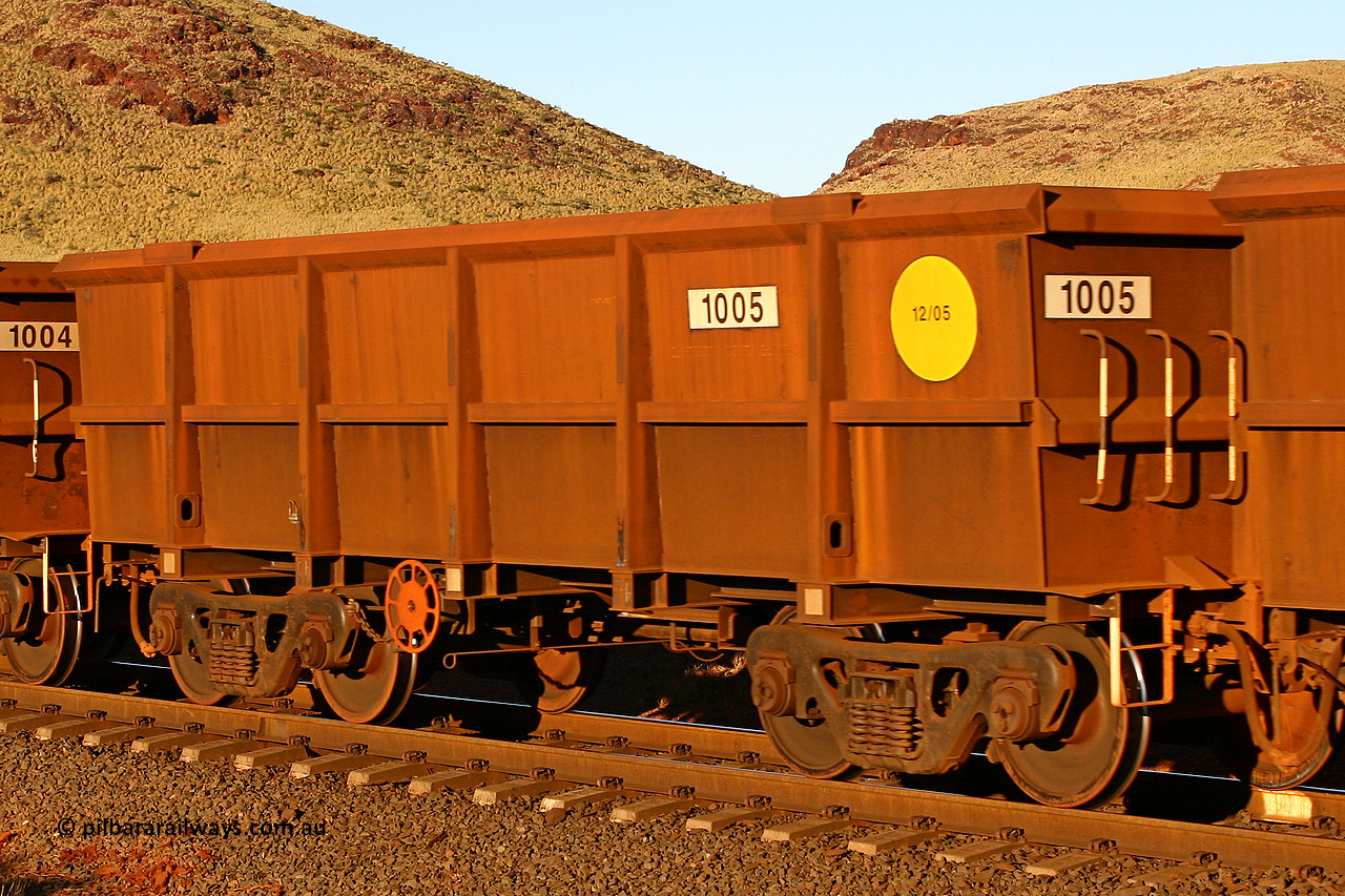 1005 060722 7602
Robe River ore waggon 1005, built by Bradken Rail Qld in December 2005, rotary coupler end handbrake side empty view, at the 11.7 km, Cape Lambert. July 22, 2006.
Keywords: 1005;Bradken-Rail-Qld;Robe-ore-waggon;