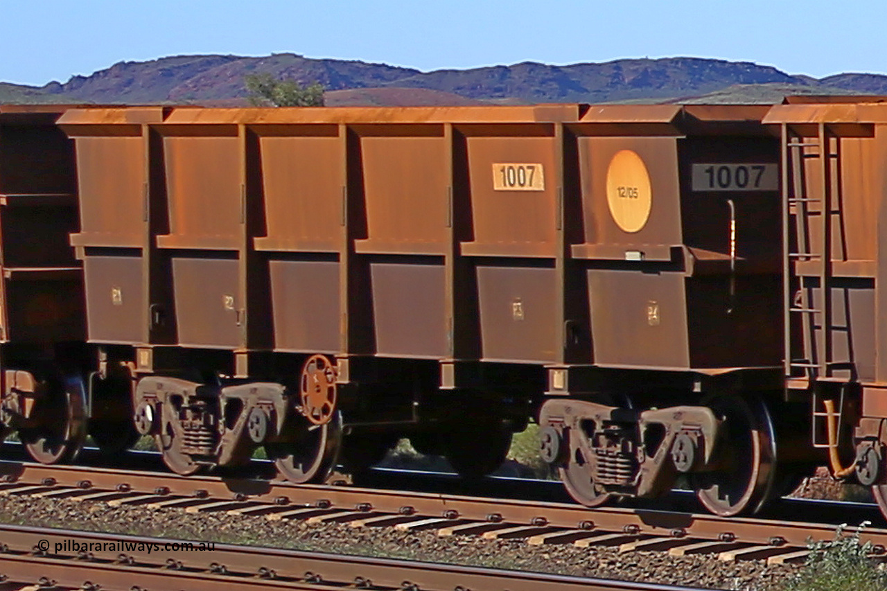 1007 160727 0958
Robe River ore waggon 1007, built by Bradken Rail Qld in December 2005, rotary coupler end handbrake side empty view at Harding Siding on the Cape Lambert line, July 27, 2016.
Keywords: 1007;Bradken-Rail-Qld;Robe-ore-waggon;