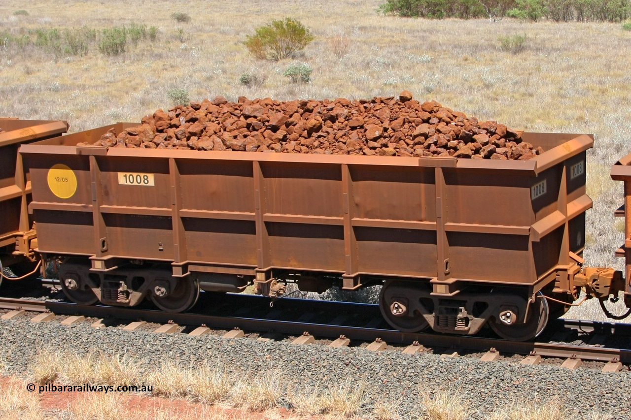 1008 081209 0157
Robe River ore waggon 1008, built by Bradken Rail Qld in December 2005, non-handbrake side loaded view at the 7 km location just south of Cape Lambert yard. December 9, 2008.
Keywords: 1008;Bradken-Rail-Qld;Robe-ore-waggon;