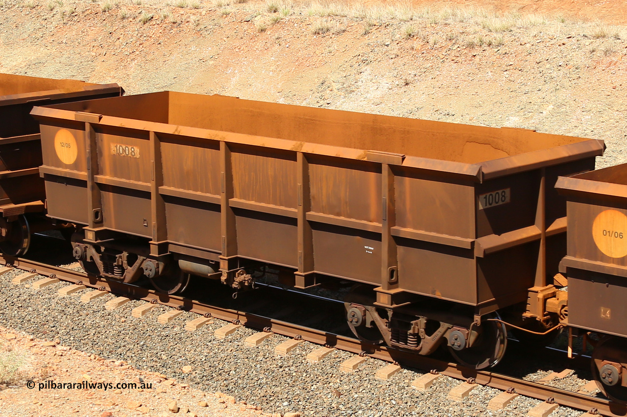 1008 160306 1274
Robe River ore waggon 1008, built by Bradken Rail Qld in December 2005, fixed coupler non-handbrake side empty view at Greenpool on the Cape Lambert line. March 6, 2016.
Keywords: 1008;Bradken-Rail-Qld;Robe-ore-waggon;