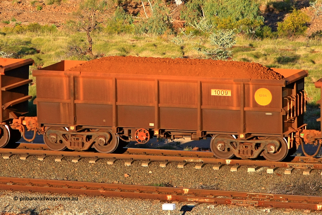 1009 110602 1630
Robe River ore waggon 1009, built by Bradken Rail Qld in December 2005, rotary coupler end handbrake side loaded view at the 71 km, Western Creek on the Deepdale line. June 2, 2011.
Keywords: 1009;Bradken-Rail-Qld;Robe-ore-waggon;
