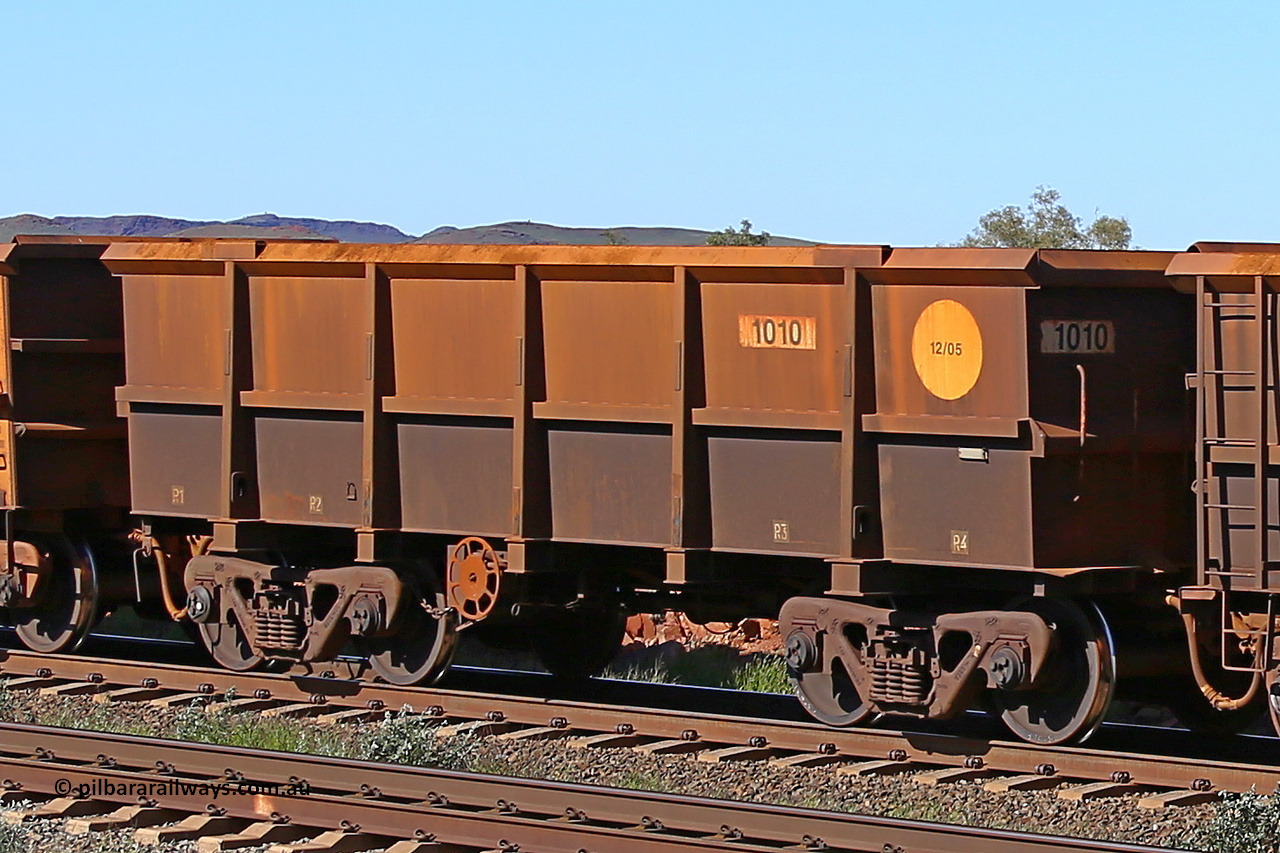 1010 160727 0951
Robe River ore waggon 1010, built by Bradken Rail Qld in December 2005, rotary coupler end handbrake side empty partial view at Harding Siding on the Cape Lambert line, July 27, 2016.
Keywords: 1010;Bradken-Rail-Qld;Robe-ore-waggon;