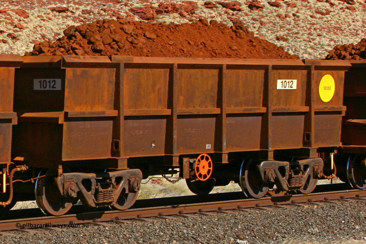 1012 060722 7484
Robe River ore waggon 1012, built by Bradken Rail Qld in December 2005, handbrake side loaded view at the 78.8 km between Western Creek and Maitland on the Deepdale line. July 22, 2006.
Keywords: 1012;Bradken-Rail-Qld;Robe-ore-waggon;