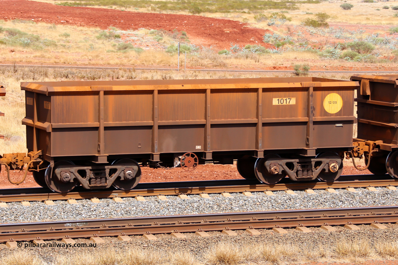 1017 141124 6858
Robe River ore waggon 1017, built by Bradken Rail Qld in December 2005, fixed coupler handbrake side empty view at the 25 km at Arches Siding on the Cape Lambert line. November 24, 2014.
Keywords: 1017;Bradken-Rail-Qld;Robe-ore-waggon;