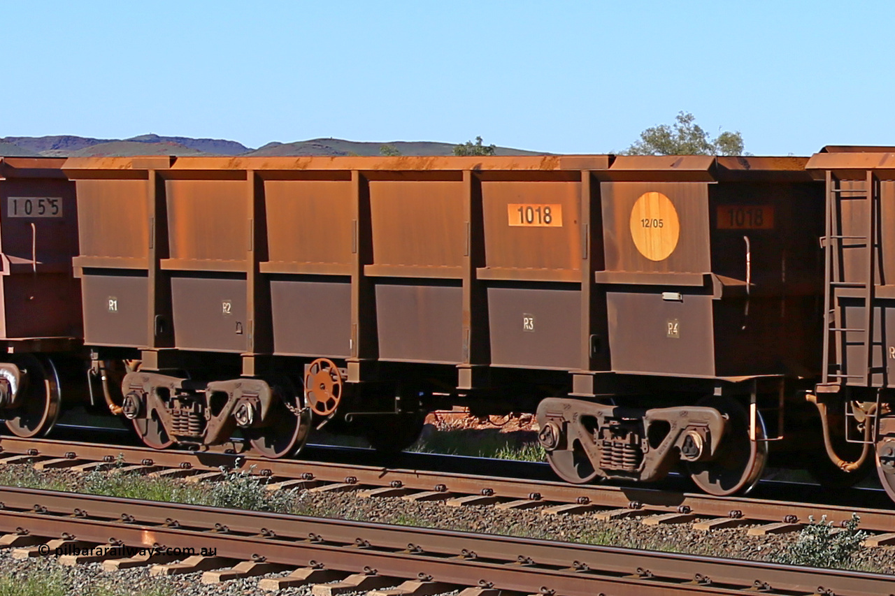1018 160727 0977
Robe River ore waggon 1018, built by Bradken Rail Qld in December 2005, rotary coupler end handbrake side empty partial view at Harding Siding on the Cape Lambert line, July 27, 2016.
Keywords: 1018;Bradken-Rail-Qld;Robe-ore-waggon;