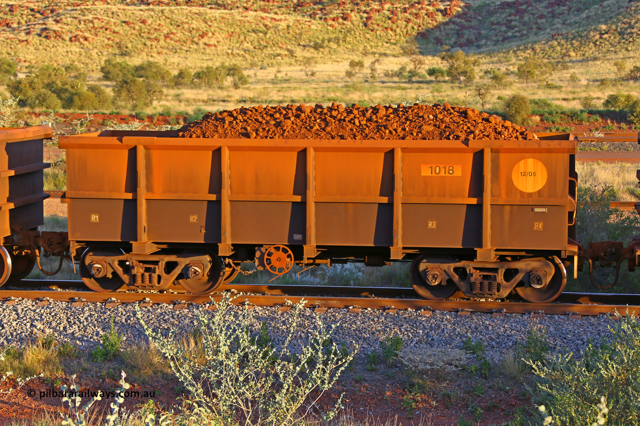 1018 170513 8704
Robe River ore waggon 1018, built by Bradken Rail Qld in December 2005, handbrake side loaded view, Cape Lambert yard, May 13, 2017.
Keywords: 1018;Bradken-Rail-Qld;Robe-ore-waggon;