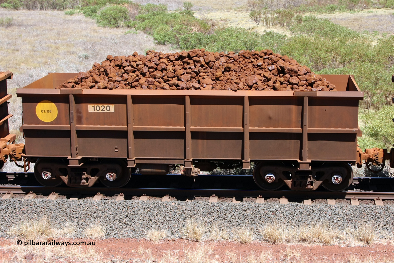 1020 081209 0116
Robe River ore waggon 1020, built by Bradken Rail Qld in January 2006, non-handbrake side loaded view at the 7 km location just south of Cape Lambert yard. December 9, 2008.
Keywords: 1020;Bradken-Rail-Qld;Robe-ore-waggon;