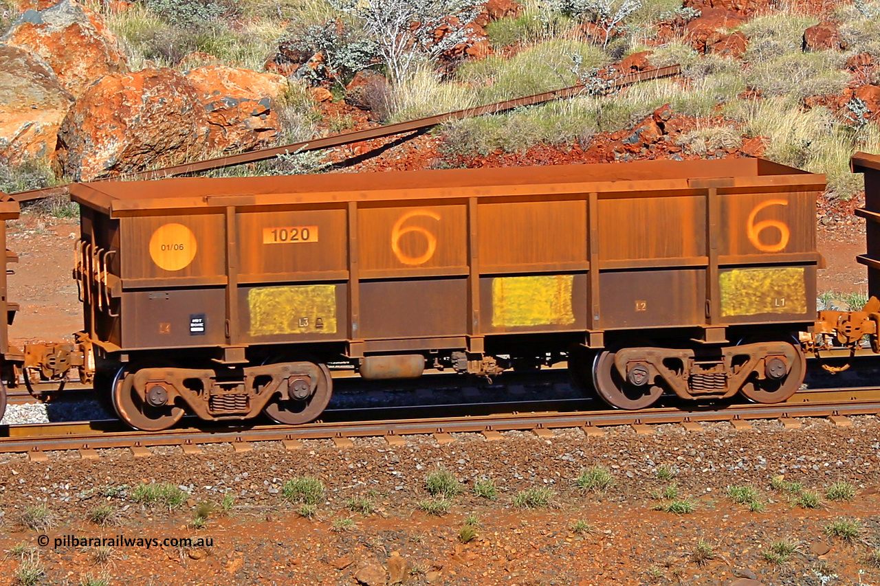 1020 180616 1704
Robe River ore waggon 1020, built by Bradken Rail Qld in January 2006, rotary coupler end non-handbrake side empty view at the 38 km, Harding on the Cape Lambert line, June 16, 2018.
Keywords: 1020;Bradken-Rail-Qld;Robe-ore-waggon;