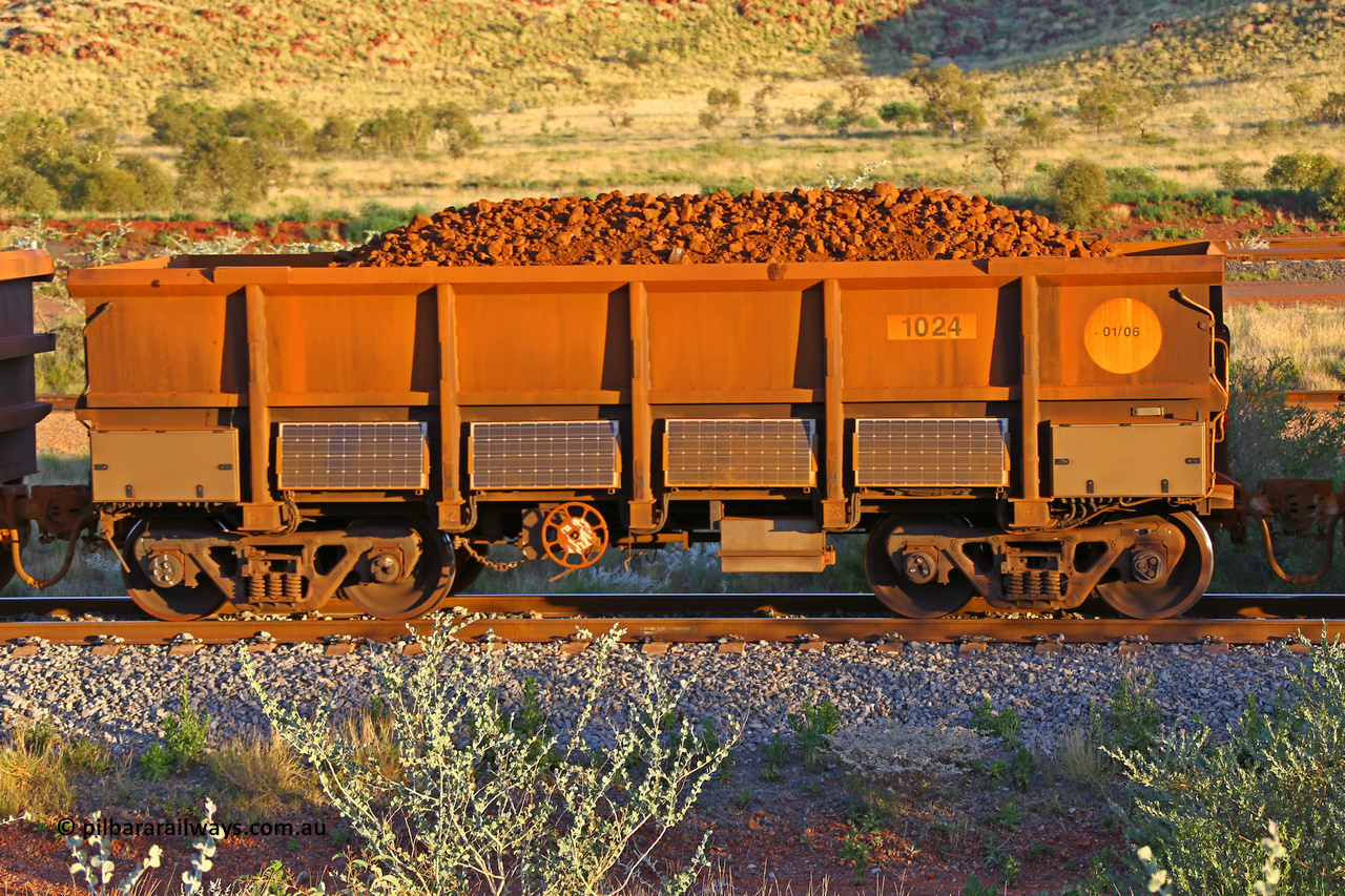 1024 170513 8756
Robe River ore waggon 1024, built by Bradken Rail Qld in January 2006, handbrake side loaded view, instrumented vehicle, Cape Lambert yard, May 13, 2017.
Keywords: 1024;Bradken-Rail-Qld;Robe-ore-waggon;