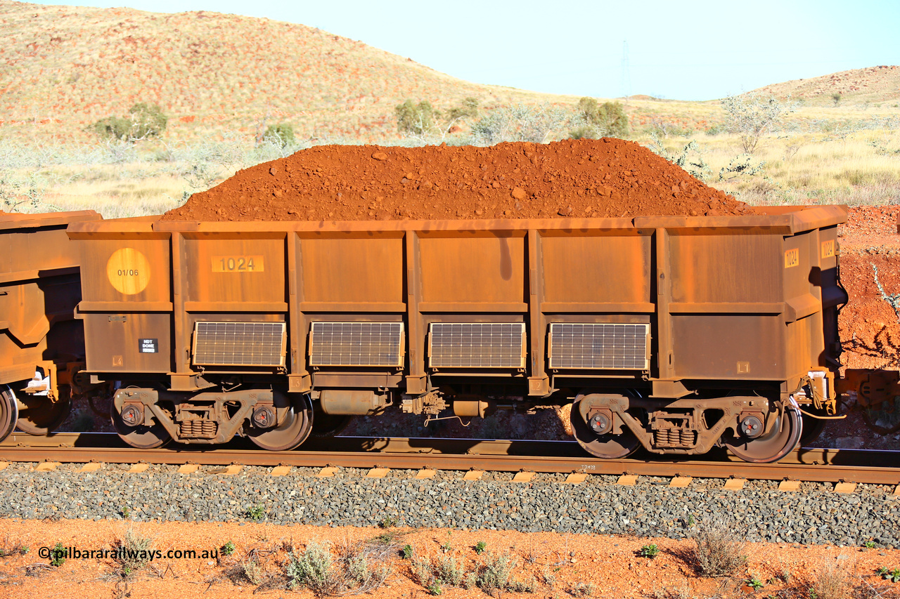 1024 180616 1662
Robe River ore waggon 1024, built by Bradken Rail Qld in January 2006, fixed coupler non-handbrake side loaded view, instrumented vehicle, at the 33.7 km, Arches on the Cape Lambert line, June 16, 2018.
Keywords: 1024;Bradken-Rail-Qld;Robe-ore-waggon;