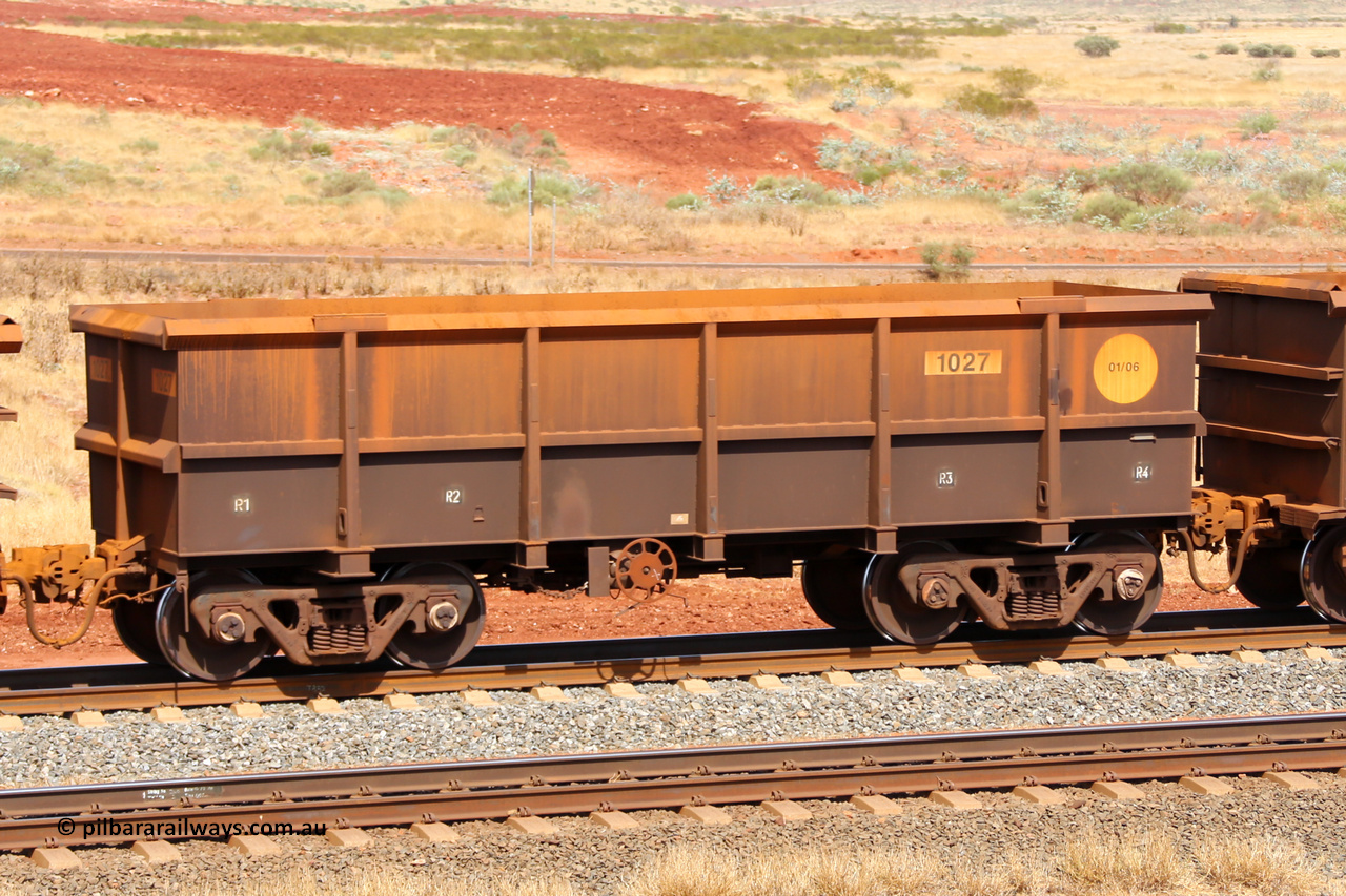1027 141124 6831
Robe River ore waggon 1027, built by Bradken Rail Qld in January 2006, fixed coupler handbrake side empty view at the 25 km at Arches Siding on the Cape Lambert line. November 24, 2014.
Keywords: 1027;Bradken-Rail-Qld;Robe-ore-waggon;