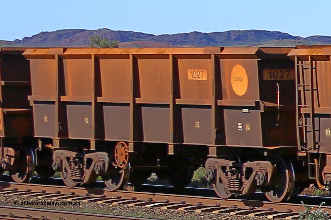 1027 160727 0959
Robe River ore waggon 1027, built by Bradken Rail Qld in January 2006, rotary coupler end handbrake side empty view at Harding Siding on the Cape Lambert line, July 27, 2016.
Keywords: 1027;Bradken-Rail-Qld;Robe-ore-waggon;