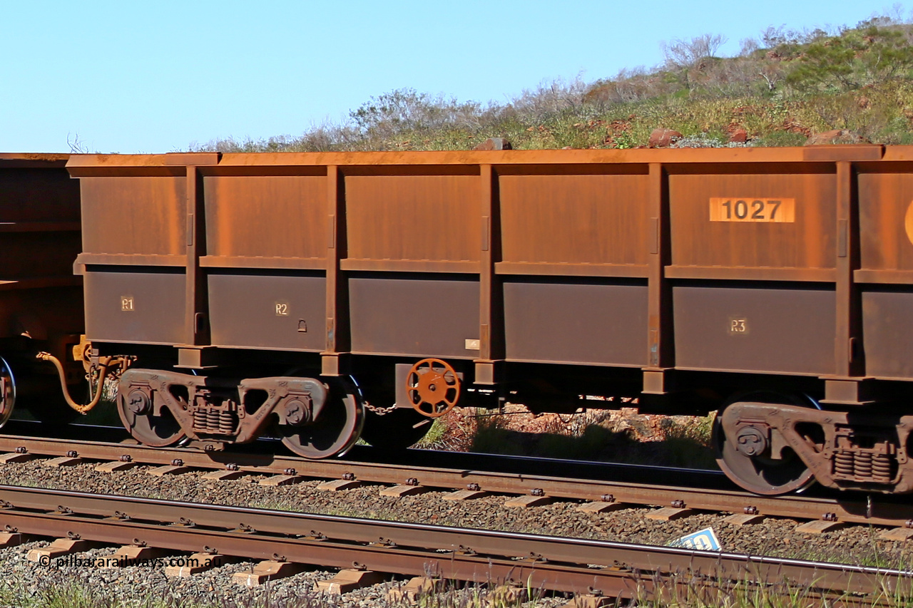 1027 160727 0960
Robe River ore waggon 1027, built by Bradken Rail Qld in January 2006, rotary coupler end handbrake side empty partial view at Harding Siding on the Cape Lambert line, July 27, 2016.
Keywords: 1027;Bradken-Rail-Qld;Robe-ore-waggon;