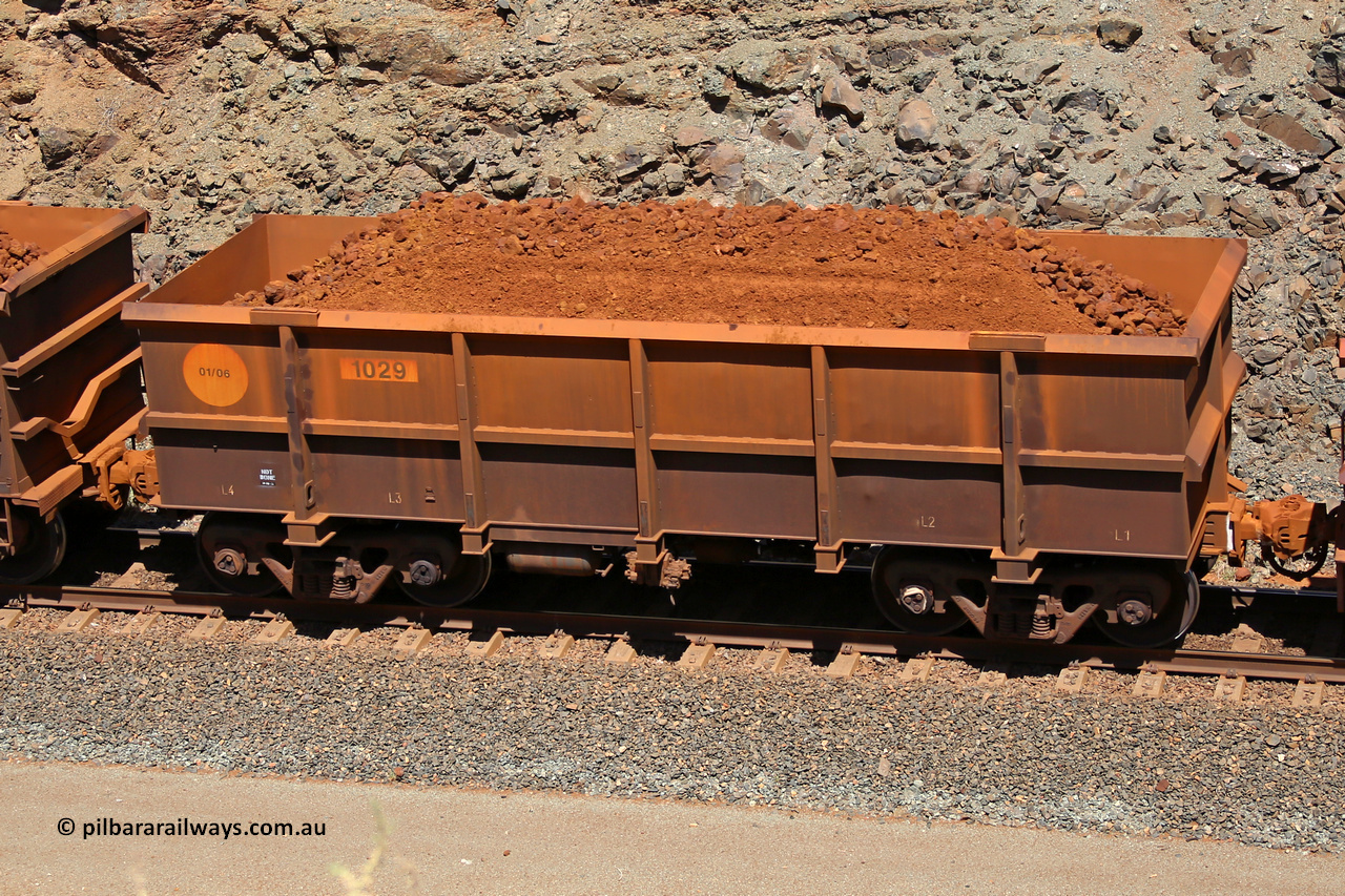 1029 160306 1641
Robe River ore waggon 1029, built by Bradken Rail Qld in January 2006, fixed coupler non-handbrake side loaded view, at the 45 km, Harding Siding on the Cape Lambert line. March 6, 2016.
Keywords: 1029;Bradken-Rail-Qld;Robe-ore-waggon;