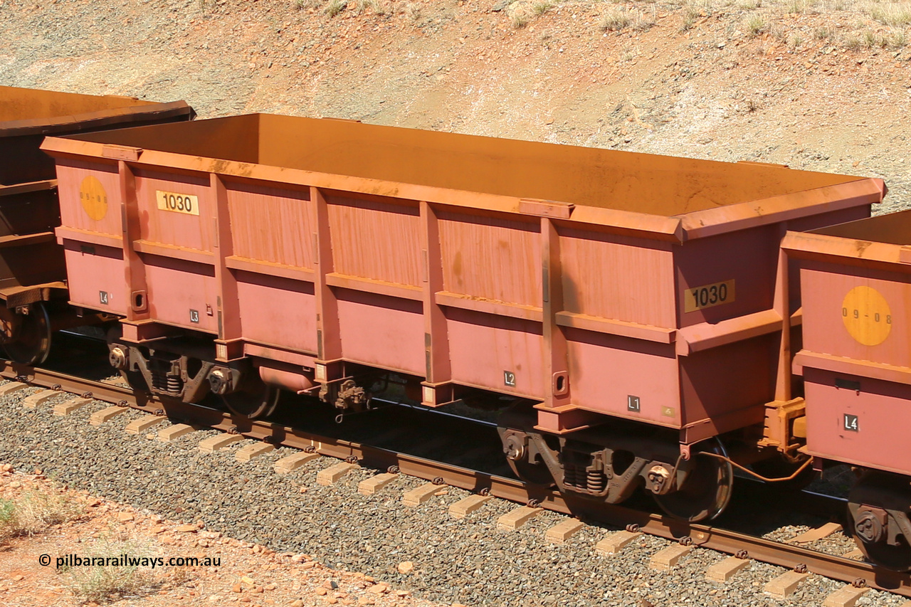 1030 160306 1294
Robe River ore waggon 1030, built by Bradken Rail Qld in September 2008, fixed coupler non-handbrake side empty view at Greenpool on the Cape Lambert line. March 6, 2016.
Keywords: 1030;Bradken-Rail-Qld;Robe-ore-waggon;
