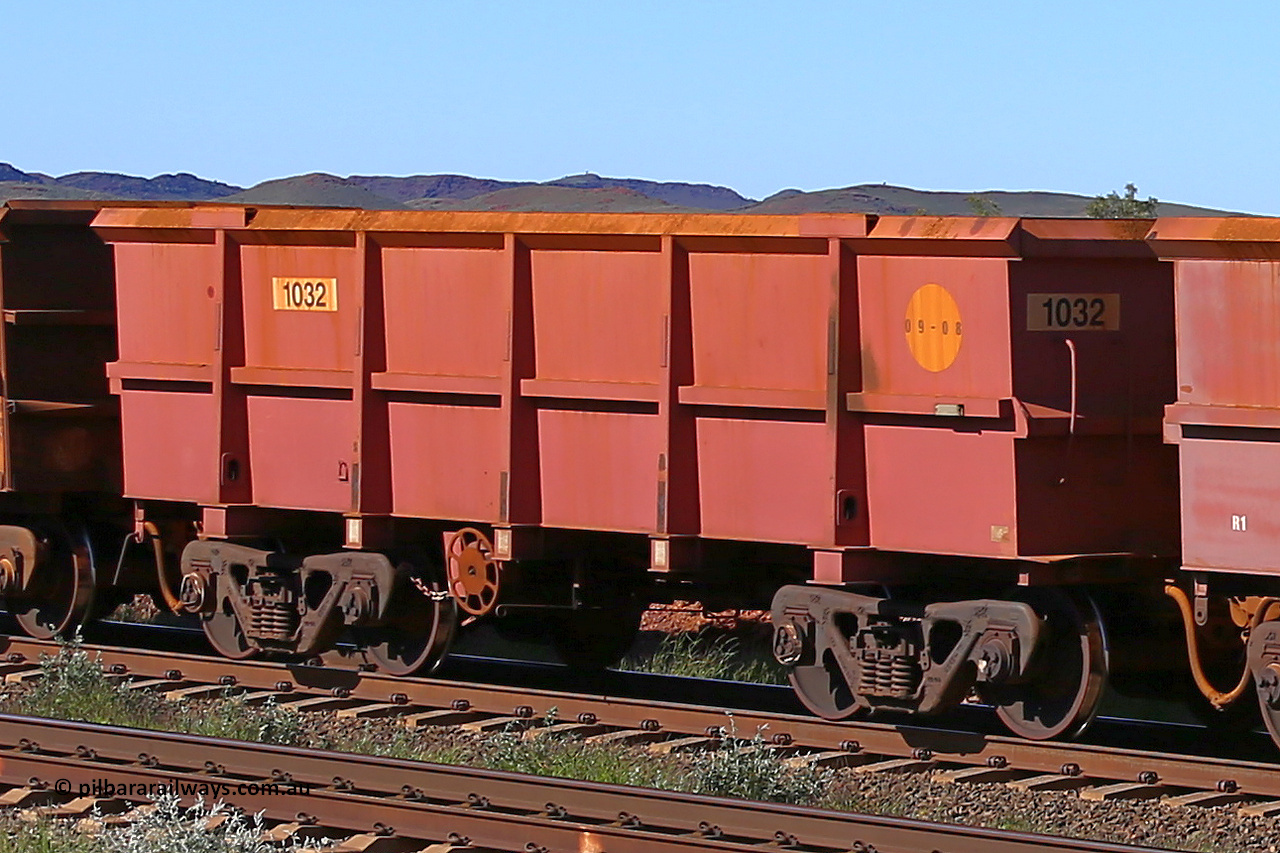 1032 160727 0949
Robe River ore waggon 1032, built by Bradken Rail Qld in September 2008, rotary coupler end handbrake side empty partial view at Harding Siding on the Cape Lambert line, July 27, 2016.
Keywords: 1032;Bradken-Rail-Qld;Robe-ore-waggon;