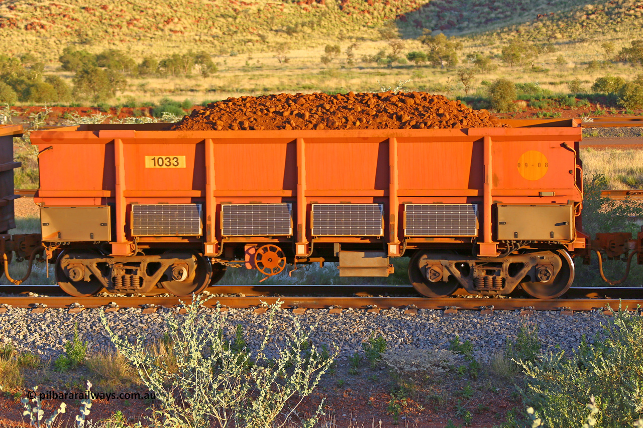 1033 170513 8746
Robe River ore waggon 1033, built by Bradken Rail Qld in September 2008, rotary coupler end handbrake side loaded view, instrumented vehicle, Cape Lambert yard, May 13, 2017.
Keywords: 1033;Bradken-Rail-Qld;Robe-ore-waggon;