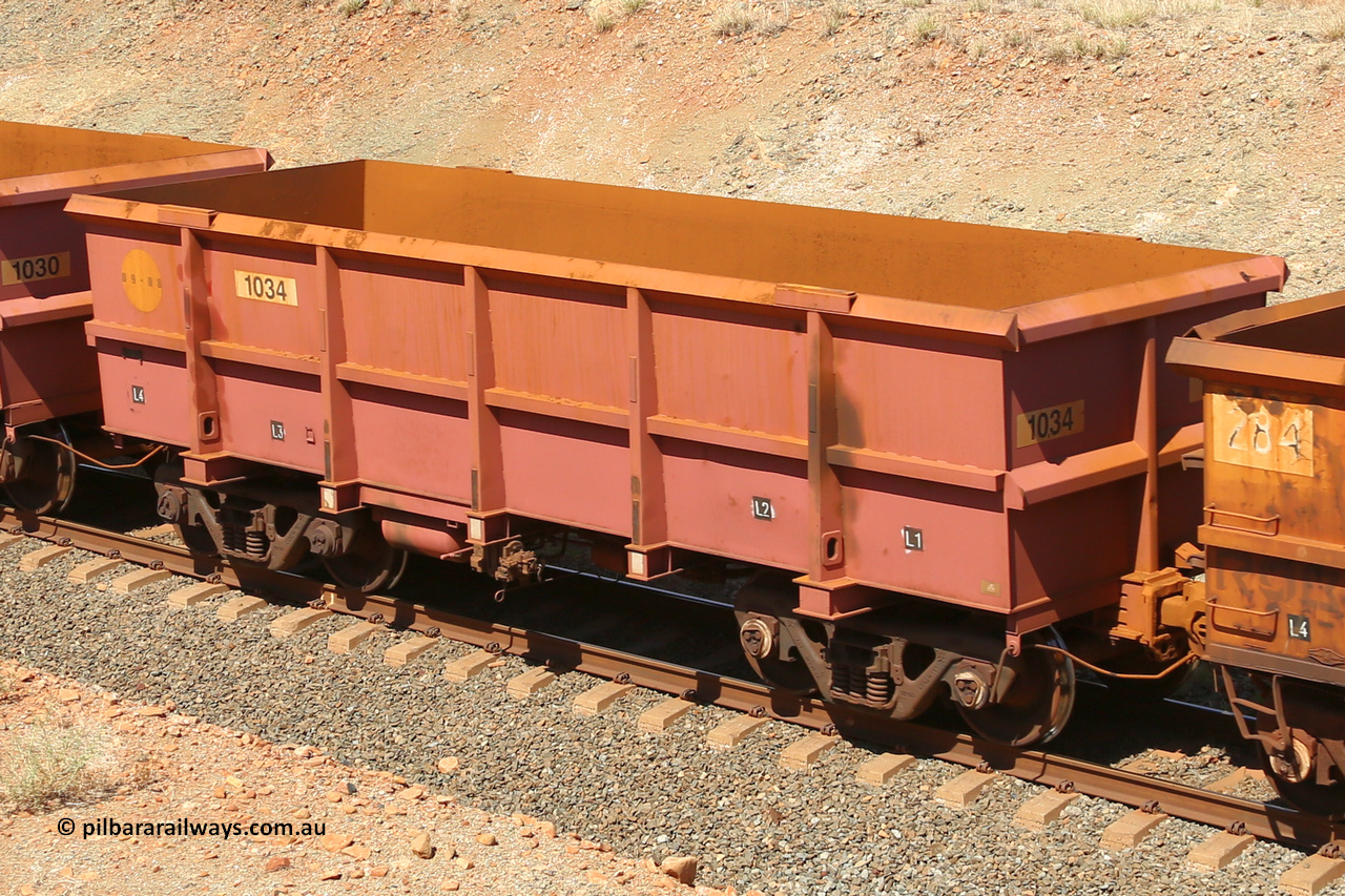 1034 160306 1295
Robe River ore waggon 1034, built by Bradken Rail Qld in September 2008, fixed coupler non-handbrake side empty view at Greenpool on the Cape Lambert line. March 6, 2016.
Keywords: 1034;Bradken-Rail-Qld;Robe-ore-waggon;
