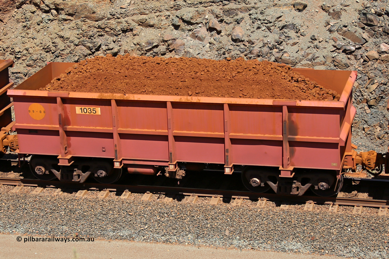 1035 160306 1600
Robe River ore waggon 1035, built by Bradken Rail Qld in September 2008, fixed coupler non-handbrake side loaded view, at the 45 km, Harding Siding on the Cape Lambert line. March 6, 2016.
Keywords: 1035;Bradken-Rail-Qld;Robe-ore-waggon;