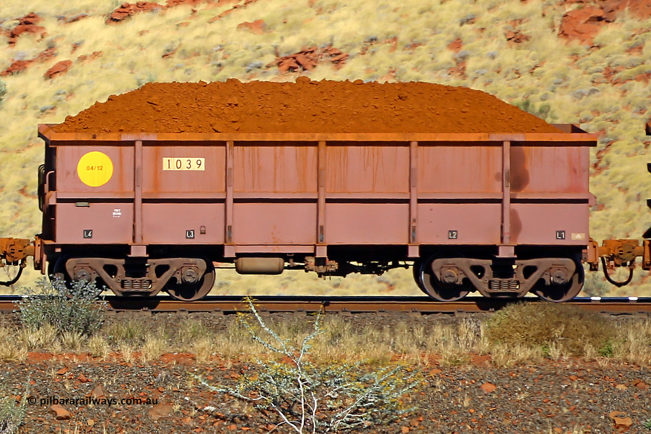 1039 170728 09941
Robe River ore waggon 1039, built by Bradken Rail Qld in April 2012, non-handbrake side loaded view at the 72 km, Western Creek on the Deepdale line. July 28, 2017.
Keywords: 1039;Bradken-Rail-Qld;Robe-ore-waggon;