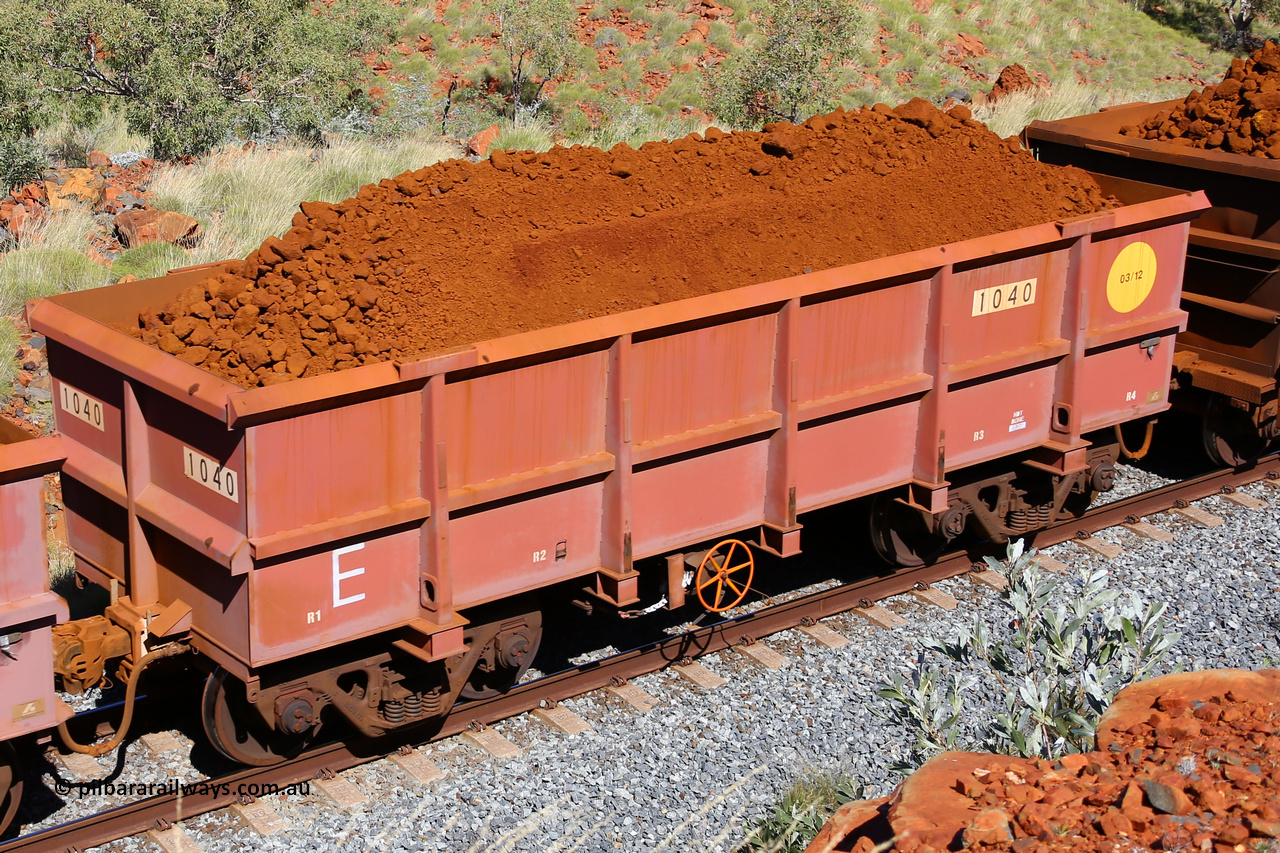 1040 180616 1864
Robe River ore waggon 1040, built by Bradken Rail Qld, fixed coupler handbrake side loaded view at Maitland Siding on the Deepdale line, June 16, 2018.
Keywords: 1040;Bradken-Rail-Qld;Robe-ore-waggon;