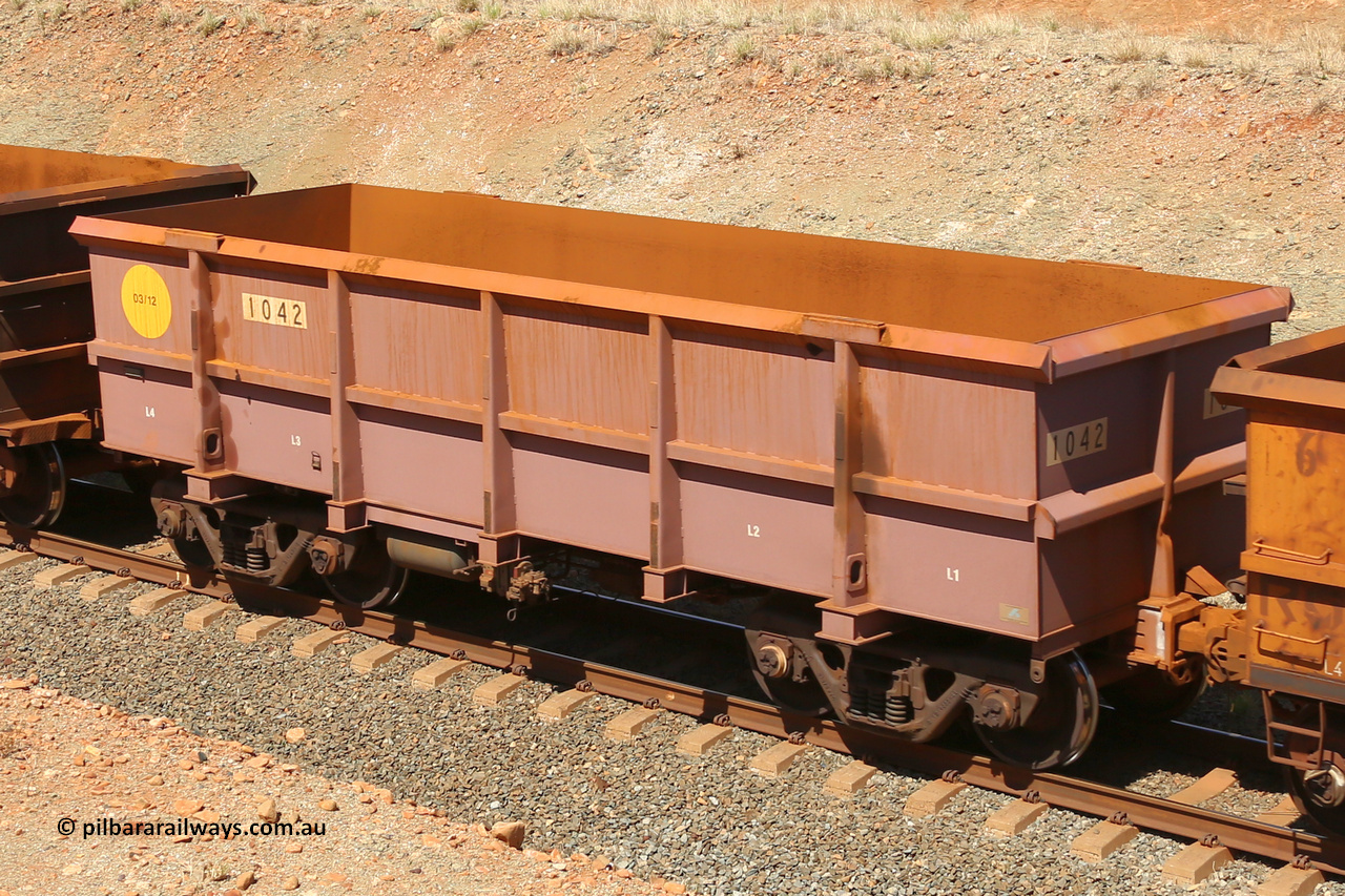 1042 160306 1271
Robe River ore waggon 1042, built by Bradken Rail Qld in March 2012, fixed coupler non-handbrake side empty view at Greenpool on the Cape Lambert line. March 6, 2016.
Keywords: 1042;Bradken-Rail-Qld;Robe-ore-waggon;