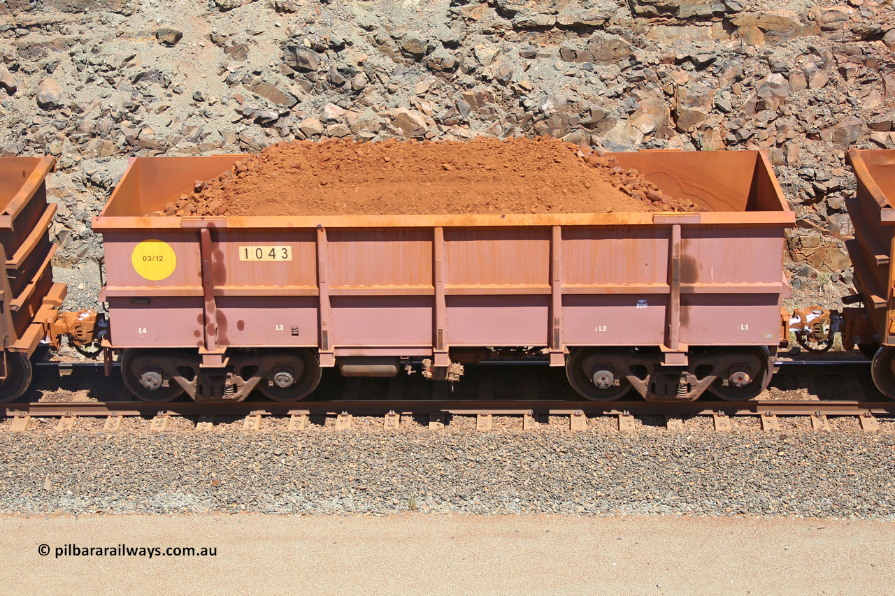 1043 160306 1511
Robe River ore waggon 1043, built by Bradken Rail Qld in March 2012, non-handbrake side loaded view, at the 45 km, Harding Siding on the Cape Lambert line. March 6, 2016.
Keywords: 1043;Bradken-Rail-Qld;Robe-ore-waggon;