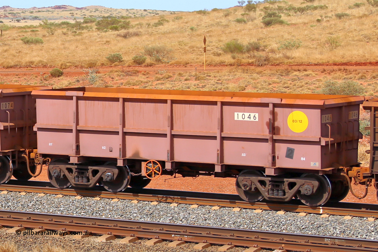 1046 141124 6811
Robe River ore waggon 1046, built by Bradken Rail Qld in March 2012, rotary coupler end handbrake side empty view at the 25 km at Arches Siding on the Cape Lambert line. November 24, 2014.
Keywords: 1046;Bradken-Rail-Qld;Robe-ore-waggon;