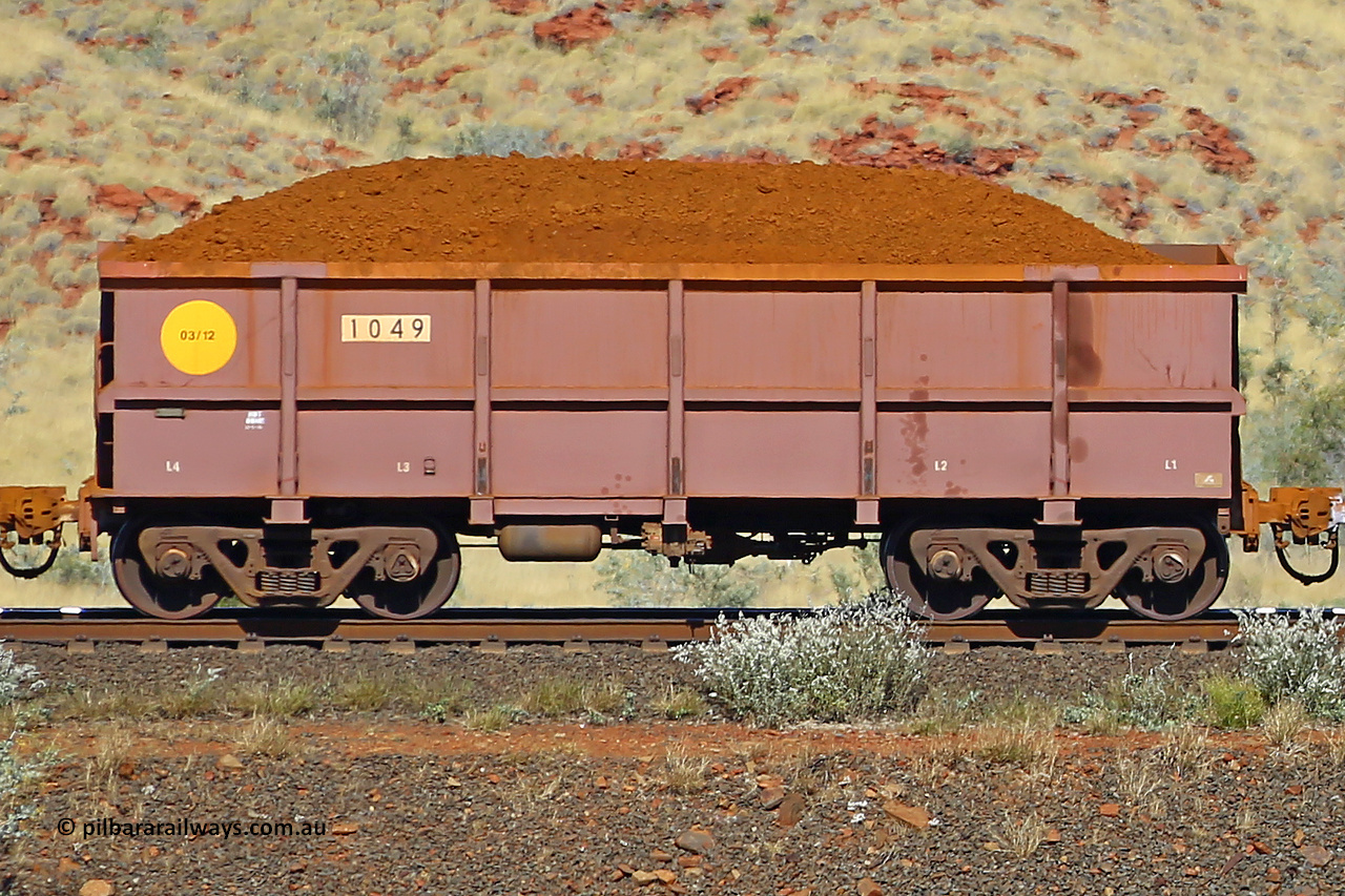 1049 170728 09950
Robe River ore waggon 1049, built by Bradken Rail Qld in March 2012, non-handbrake side loaded view at the 72 km, Western Creek on the Deepdale line. July 28, 2017.
Keywords: 1049;Bradken-Rail-Qld;Robe-ore-waggon;