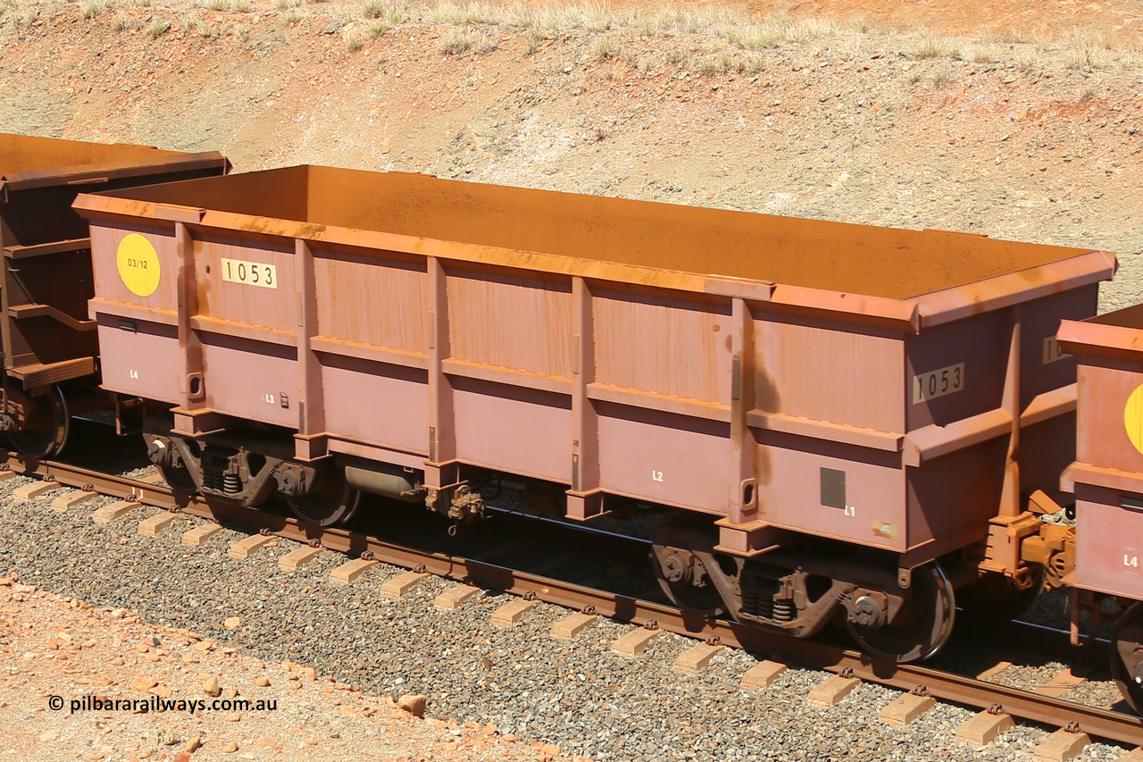1053 160306 1289
Robe River ore waggon 1053, built by Bradken Rail Qld in March 2012, fixed coupler non-handbrake side empty view at Greenpool on the Cape Lambert line. March 6, 2016.
Keywords: 1053;Bradken-Rail-Qld;Robe-ore-waggon;