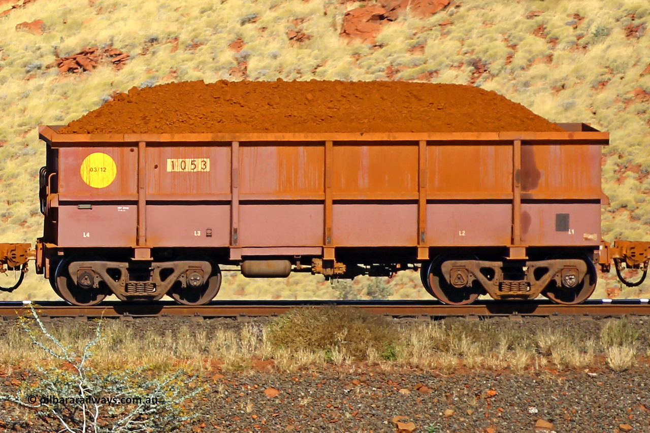 1053 170728 09939
Robe River ore waggon 1053, built by Bradken Rail Qld in March 2012, non-handbrake side loaded view at the 72 km, Western Creek on the Deepdale line. July 28, 2017.
Keywords: 1053;Bradken-Rail-Qld;Robe-ore-waggon;