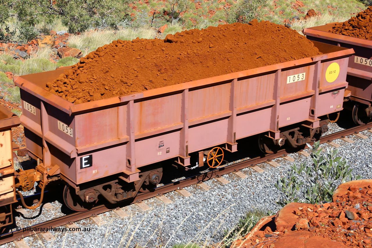 1053 180616 1854
Robe River ore waggon 1053, built by Bradken Rail Qld, fixed coupler handbrake side loaded view at Maitland Siding on the Deepdale line, June 16, 2018.
Keywords: 1053;Bradken-Rail-Qld;Robe-ore-waggon;