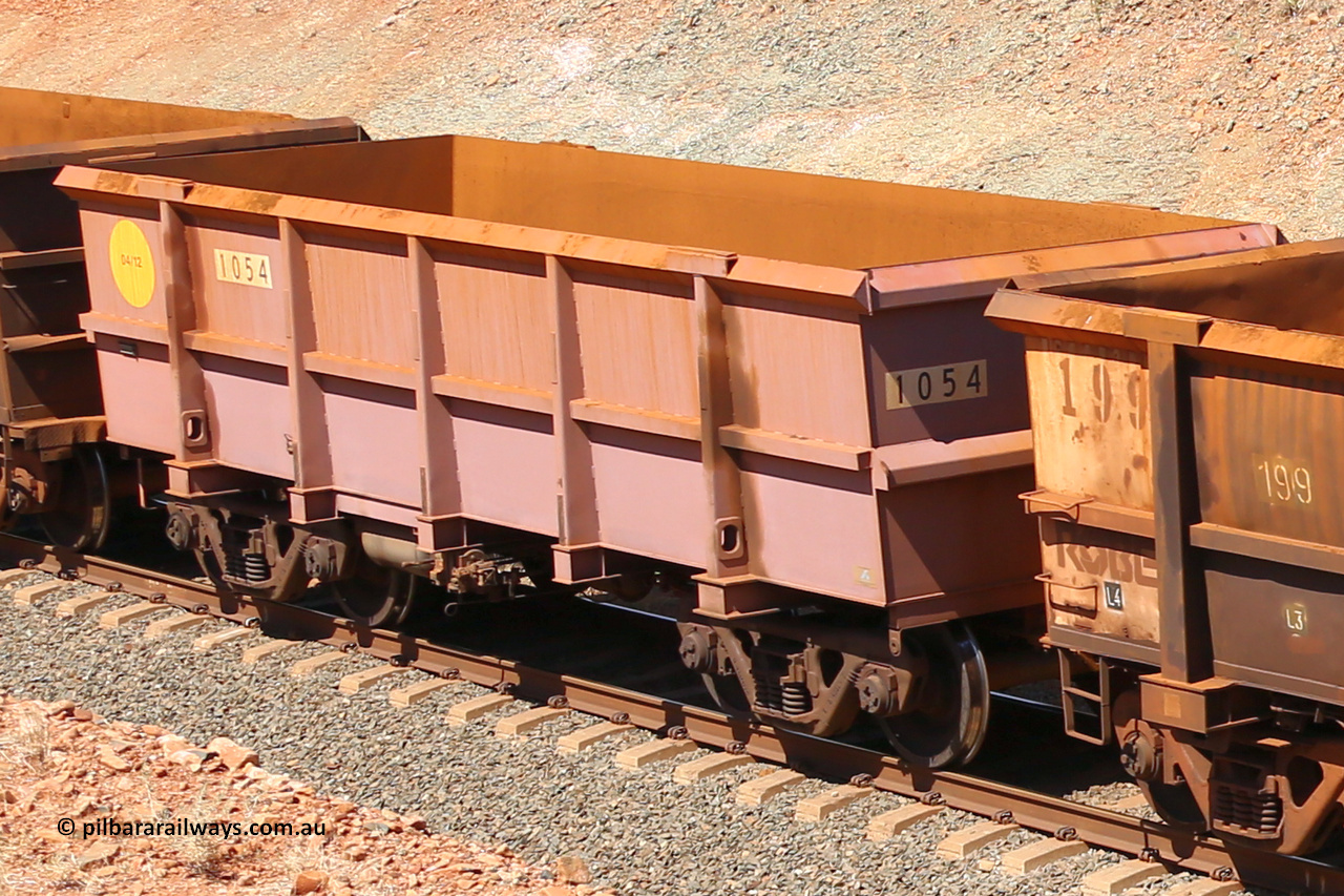 1054 160306 1313
Robe River ore waggon 1054, built by Bradken Rail Qld in April 2012, fixed coupler non-handbrake side empty view at Greenpool on the Cape Lambert line. March 6, 2016.
Keywords: 1054;Bradken-Rail-Qld;Robe-ore-waggon;