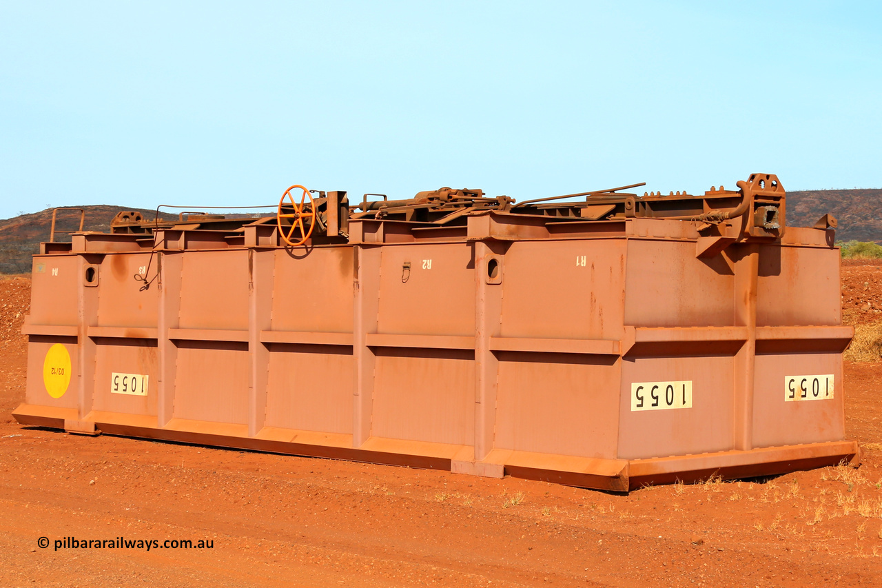 1055 141124 6754
Robe River ore waggon 1055, built by Bradken Rail Qld in March 2012, fixed coupler handbrake side view, upside down following derailment near the 11.7 km grade crossing, Cape Lambert. November 24, 2014.
Keywords: 1055;Bradken-Rail-Qld;Robe-ore-waggon;