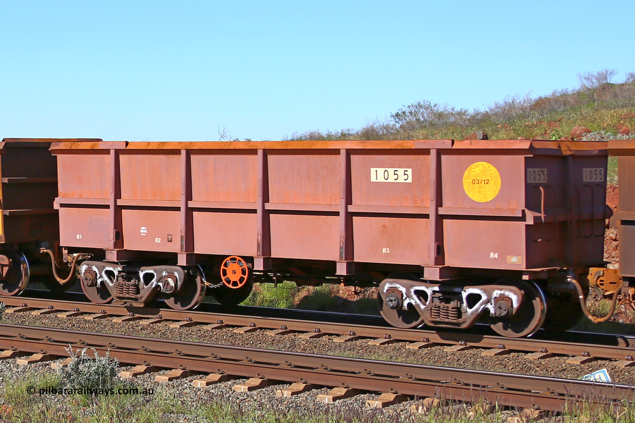 1055 160727 0978
Robe River ore waggon 1055, built by Bradken Rail Qld in March 2012, rotary coupler end handbrake side empty view at Harding Siding on the Cape Lambert line, July 27, 2016.
Keywords: 1055;Bradken-Rail-Qld;Robe-ore-waggon;