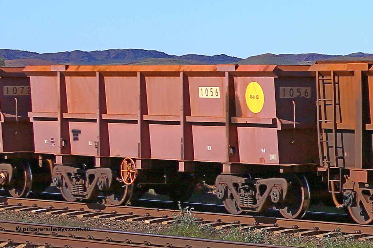 1056 160727 0986
Robe River ore waggon 1056, built by Bradken Rail Qld in April 2012, rotary coupler end handbrake side empty view at Harding Siding on the Cape Lambert line, July 27, 2016.
Keywords: 1056;Bradken-Rail-Qld;Robe-ore-waggon;