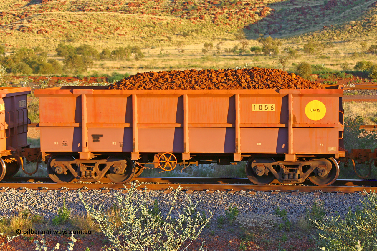 1056 170513 8720
Robe River ore waggon 1056, built by Bradken Rail Qld in April 2012, rotary coupler end handbrake side loaded view, Cape Lambert yard, May 13, 2017.
Keywords: 1056;Bradken-Rail-Qld;Robe-ore-waggon;