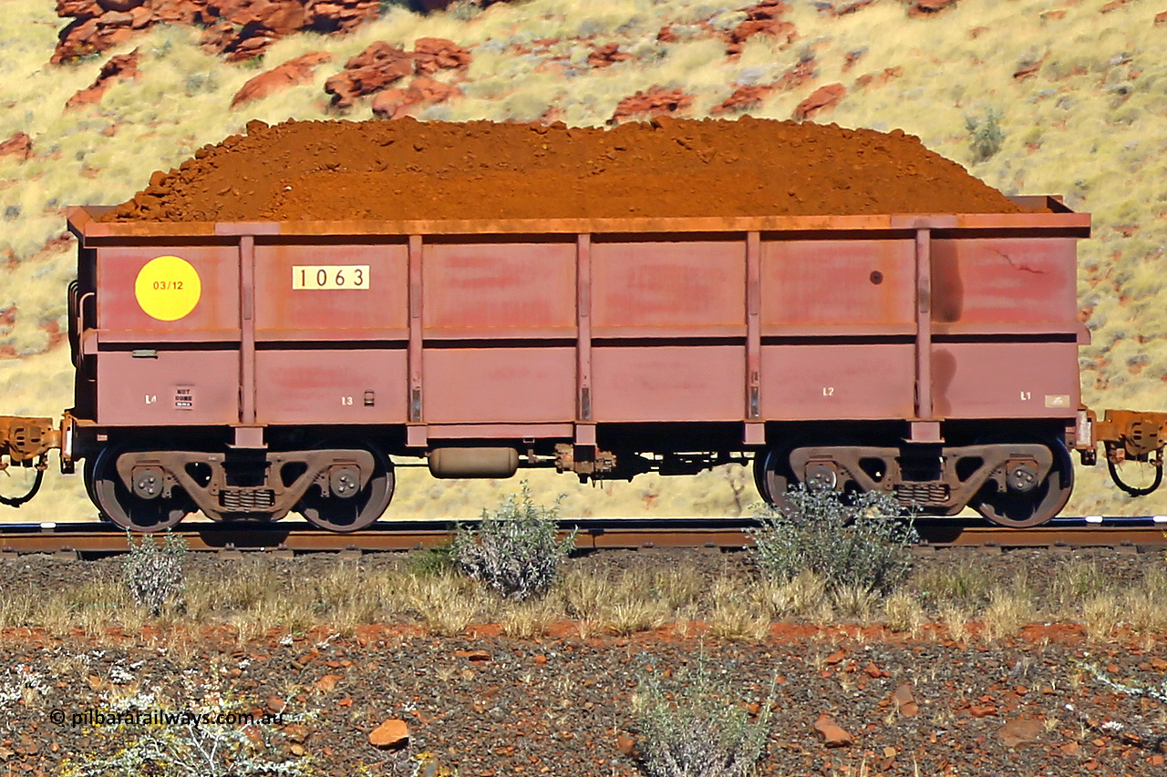 1063 170728 09914
Robe River ore waggon 1063, built by Bradken Rail Qld in March 2012, non-handbrake side loaded view at the 72 km, Western Creek on the Deepdale line. July 28, 2017.
Keywords: 1063;Bradken-Rail-Qld;Robe-ore-waggon;