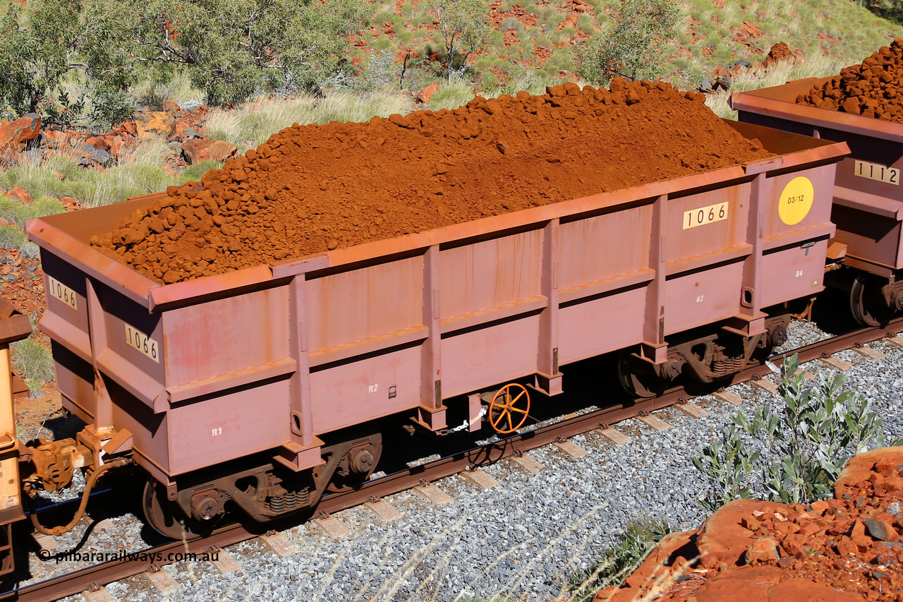 1066 180616 1862
Robe River ore waggon 1066, built by Bradken Rail Qld in March 2012, fixed coupler handbrake side loaded view at Maitland Siding on the Deepdale line, June 16, 2018.
Keywords: 1066;Bradken-Rail-Qld;Robe-ore-waggon;