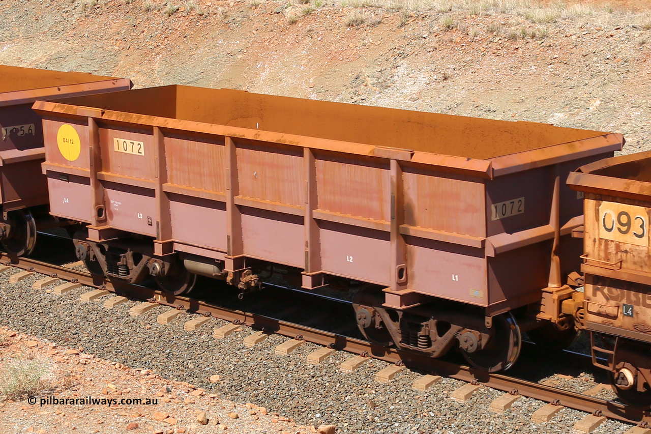 1072 160306 1311
Robe River ore waggon 1072, built by Bradken Rail Qld in April 2012, fixed coupler non-handbrake side empty view at Greenpool on the Cape Lambert line. March 6, 2016.
Keywords: 1072;Bradken-Rail-Qld;Robe-ore-waggon;