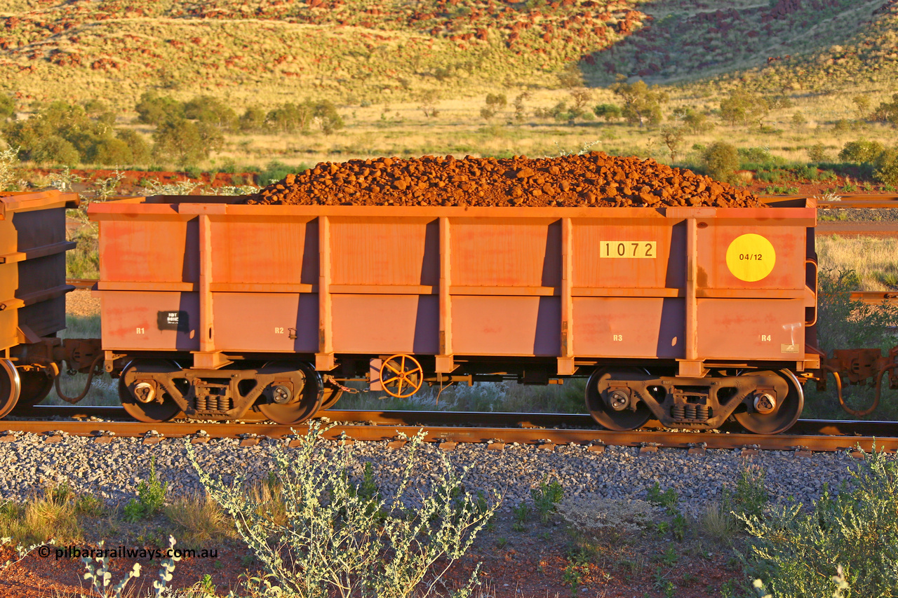 1072 170513 8721
Robe River ore waggon 1072, built by Bradken Rail Qld in April 2012, rotary coupler end handbrake side loaded view, Cape Lambert yard, May 13, 2017.
Keywords: 1072;Bradken-Rail-Qld;Robe-ore-waggon;
